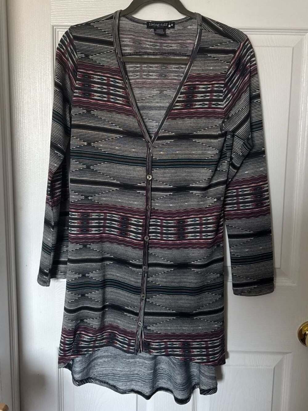 Living Doll Los Angeles Bohemian Aztec Print High-Low Button Front Cardigan